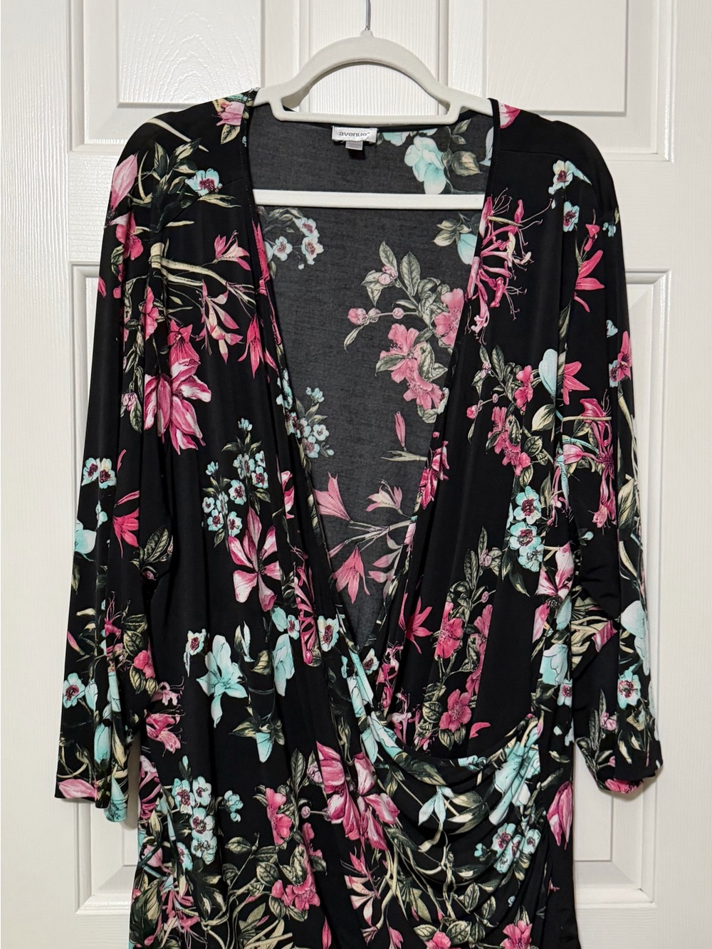 Avenue Black Floral Wrap-Style Top with Pink and Aqua Flowers